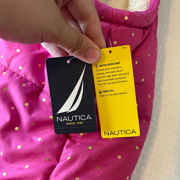 Nautica Vest Girls Size 12 Pink Gold Dotted Puffer Button Full Zip Sherpa Lined - Picture 8 of 10